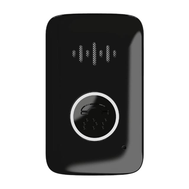 The Belle S pendant, a small black rounded rectangle with a speaker grille and a large round call button.