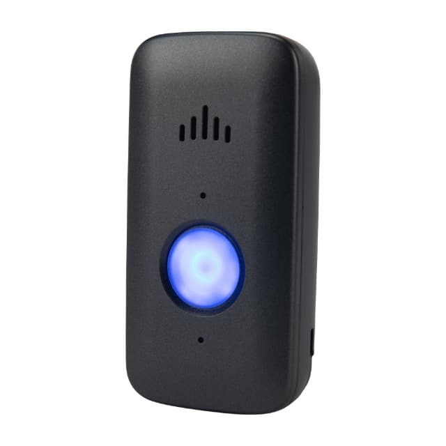 The Belle X pendant seen from three quarters, a slim black device with a round call button lit blue.